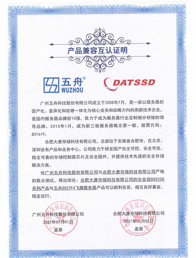 五舟S527F4飞腾服务器 - 合肥大唐存储科技有限公司的企业级DSS200系列产品 产品兼容互认证